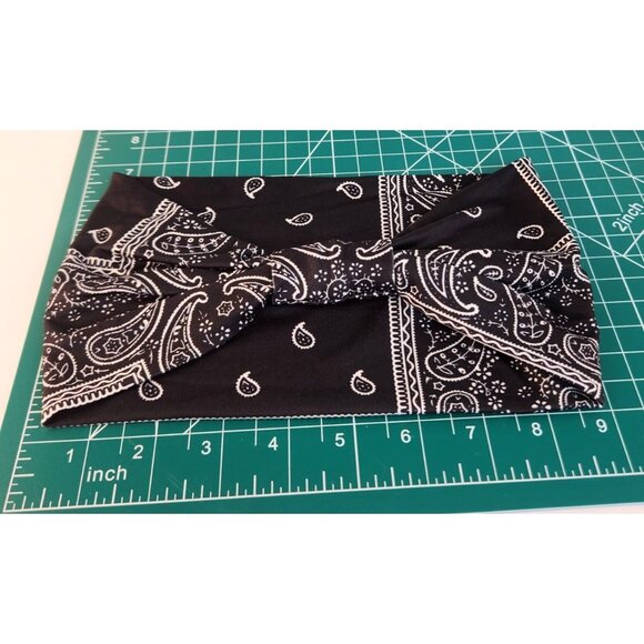 Black Paisley Knit Headwrap Hairband Soft Stretchy Headband  Unisex Sweatband - Picture 5 of 6